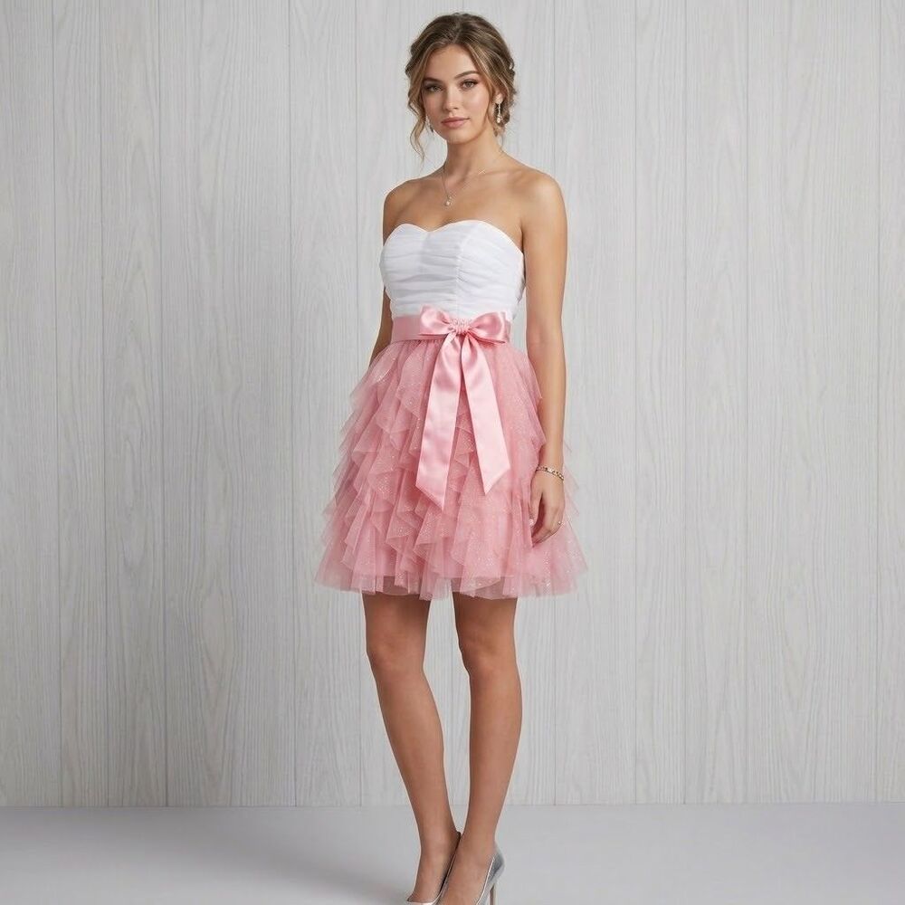 Teeze Me Strapless Glitter Mesh Corkscrew Skirt tulle Peach white Dress Size 7